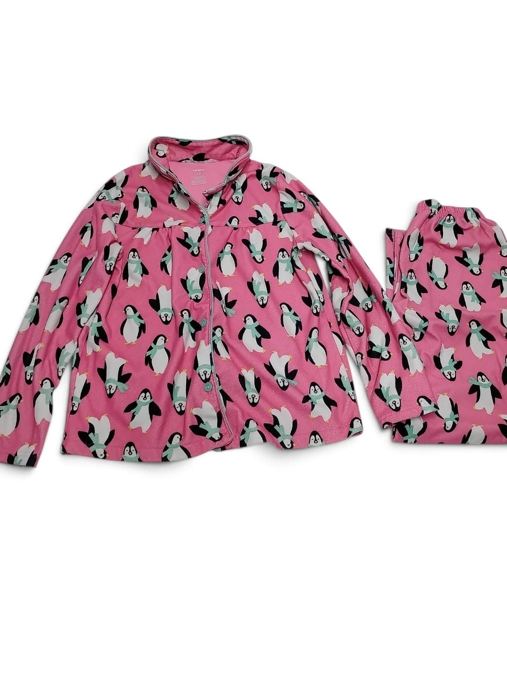 Carter's Pink Penguin Fleece Pajama Set with Button-Front Top Size 10